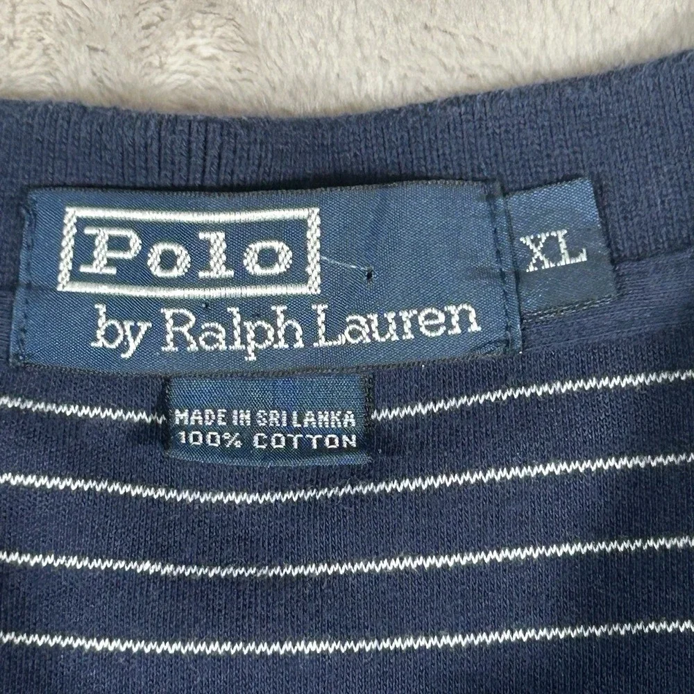 VTG 90's Polo Ralph Lauren Polo Shirt Men XL Navy Blue Striped Long Sleeve Rugby